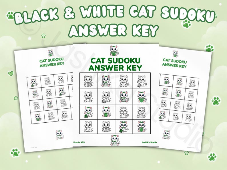 May include: Three white paper sheets featuring a black and white cat sudoku puzzle answer key. Each grid contains sixteen squares with illustrations of cats in various poses. The text reads Black & White Cat Sudoku Answer Key at the top.