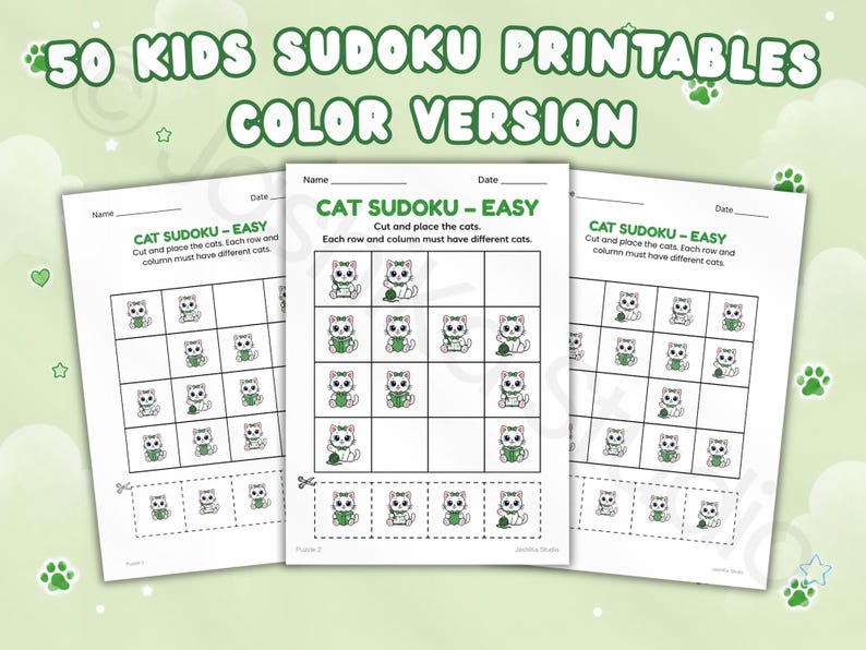 May include: Three printable Sudoku activity sheets for children featuring cat illustrations. Each page includes a grid, instructions to cut and place cats, and a section for name and date. The text reads 50 KIDS SUDOKU PRINTABLES COLOR VERSION.