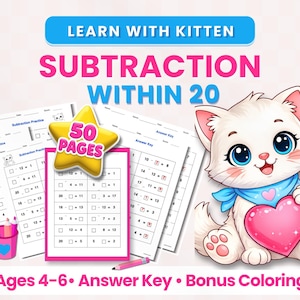 Hojas de ejercicios de resta hasta 20 para niños de 4 a 6 años. Incluye clave de respuestas para practicar matemáticas.