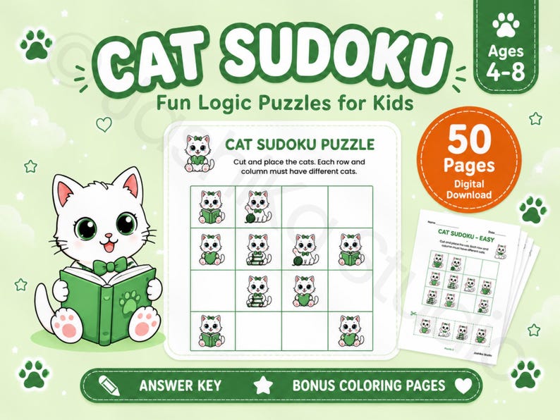 May include: A digital download titled CAT SUDOKU Fun Logic Puzzles for Kids, featuring a white cat with a green bow tie reading a book. The set includes 50 pages of puzzles, an answer key, and bonus colouring pages for children aged 4-8.