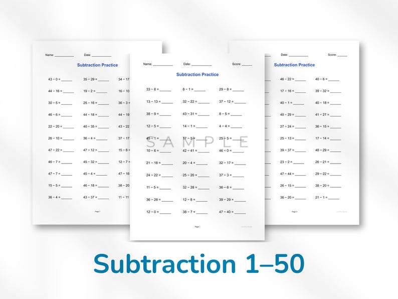 Subtraction Worksheets 1–50, Grade 1–2 Math Practice, 50 Pages ...