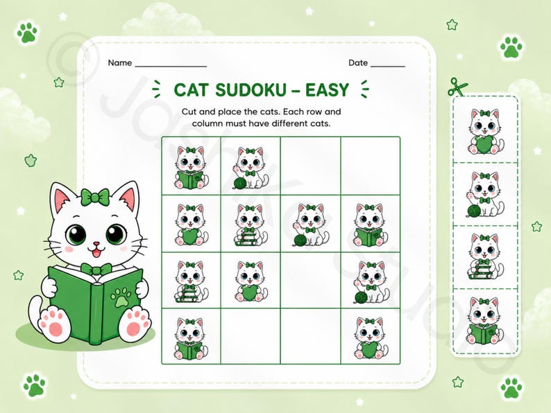 Cat Sudoku Printable for Kids Ages 4-8, Logic Puzzle Activity (Digital Download) image 3