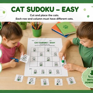 May include: A printable Cat Sudoku puzzle sheet with the text CAT SUDOKU - EASY, Cut and place the cats. Each row and column must have different cats. The sheet features a four-by-four grid and individual cat cutouts with green accents.