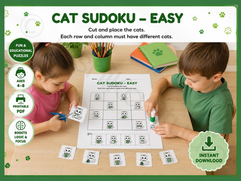 May include: A printable Cat Sudoku puzzle sheet with the text CAT SUDOKU - EASY, Cut and place the cats. Each row and column must have different cats. The sheet features a four-by-four grid and individual cat cutouts with green accents.