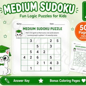 May include: A Medium Sudoku puzzle activity sheet for kids featuring a white cat wearing green glasses and a graduation cap. The page includes a 6x6 grid with numbers, instructions, and a stack of additional puzzle pages. The design uses green accents.