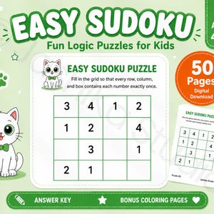 Easy Sudoku Puzzles for Kids Ages 4-8, 50 Logic Worksheets (Digital Download)