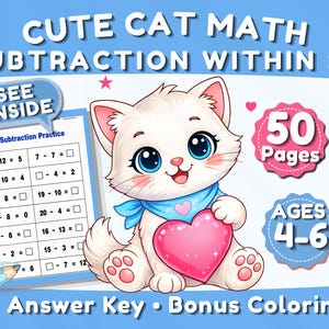 May include: A white cartoon cat with blue eyes and a blue scarf holds a pink heart. The image includes math practice pages, the text "CUTE CAT MATH SUBTRACTION WITHIN 20", "50 Pages", and "AGES 4-6".