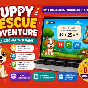 May include: A laptop displaying the Puppy Rescue Adventure educational web game with a maths problem on screen. The red background features a cartoon puppy, text including Puppy Rescue Adventure, and icons for maths skills, logic, and device compatibility.