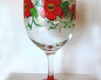 Red Flowers hand painted wine glass