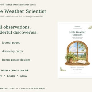 Könnte beinhalten: Ein digitaler Download mit dem Titel Little Weather Scientist, der 32 Tagebuchseiten, 30 Entdeckerkarten und 4 Bonusposter enthält. Das Titelbild zeigt eine Aquarellillustration eines Fensters mit einem Farn und einem Buch.