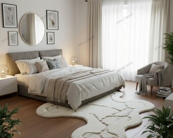 Tappeto di forma organica annodato a mano - Tappeto astratto bianco moderno per soggiorno e ufficio, accogliente tappeto decorativo morbido e irregolare