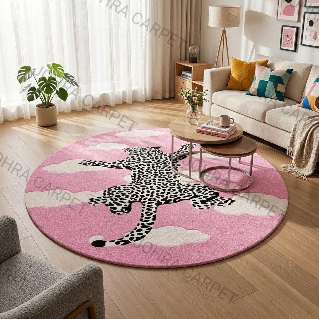 Round Pink Leopard Rug With Clouds – Handmade Tufted Statement Floor ...