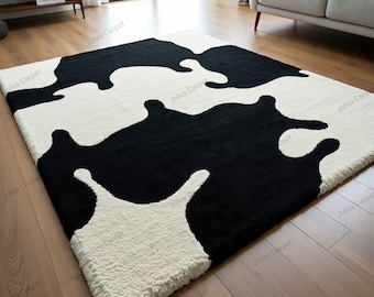 Tappeto in lana annodato a mano / Design astratto moderno in bianco e nero
