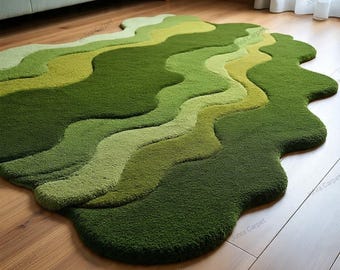 Hand Tufted Green Wavy Rug, Modern Abstract Area Rug