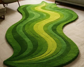 Hand Tufted Green Wave Area Rug – Modern Abstract Irregular Shaped Wool Carpet, Organic Contemporary Living Room Decor