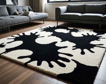 Tappeto in lana astratto bianco e nero / Tappeto monocromatico annodato a mano