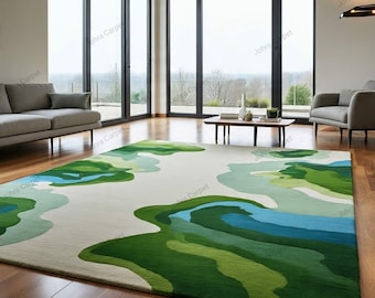 Hand Tufted Abstract Area Rug, Modern Landscape Design Carpet in Green Blue, Contemporary Living Room Rug