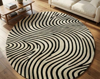 Zwart wit rond wollen vloerkleed – handgetuft modern tapijt met abstract patroon handgemaakt rond abstract tapijt – zwart-wit gegolfd ontwerp modern decor