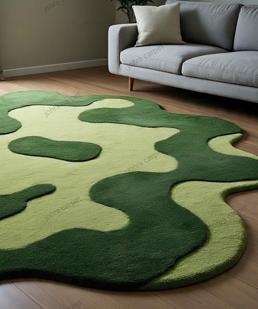 Hand Tufted Green Abstract Area Rug – Modern Irregular Shaped Wool ...
