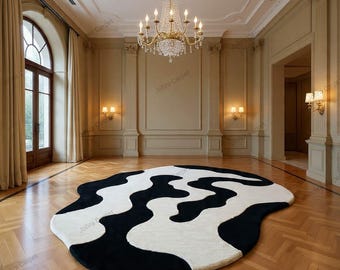 Hand-Tufted Abstract Rug | Black and White Wavy Carpet