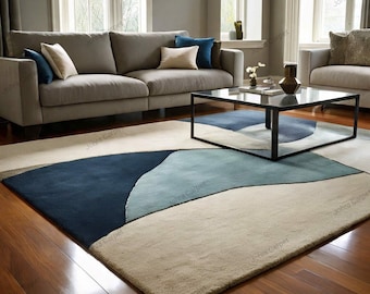 Hand-Tufted Wool Area Rug | Modern Abstract Blue Beige Carpet