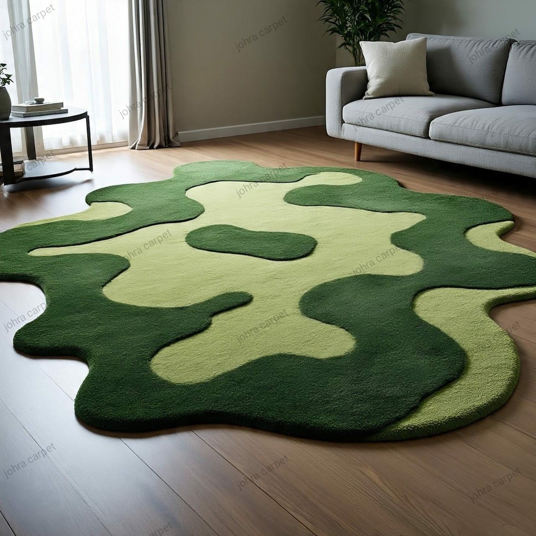Patterned Green Rug Abstract Design Hand Tufted Green Abstract Area Rug – Modern Irregular Shaped Wool ...