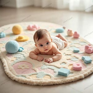 Peut inclure: Un bébé est allongé sur un tapis rond crème avec des formes aux couleurs pastel. Le tapis présente un motif floral avec des accents roses, bleus et jaunes. Divers jouets mous de couleurs similaires entourent le bébé.