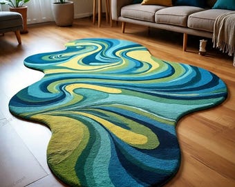 Hand-Tufted Abstract Wave Rug – Modern Art Floor Decor, Blue Green