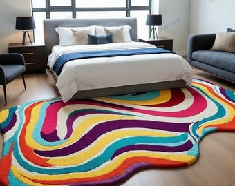 Hand getuftet gewellter Teppich | Abstrakter Bunter Teppich, Boho Decor