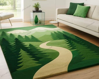 Hand-Tufted Wool Forest Rug, Green Landscape Design