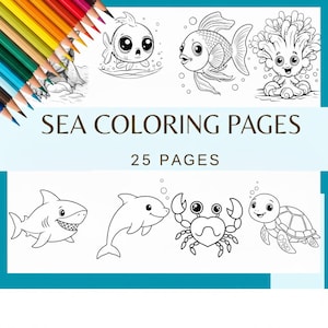 Sea Animal Coloring Pages Printable PNG, Ocean Creatures Coloring Book for Kids, Fun Under the Sea Activity Sheets, Fish Whale Shark