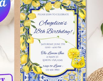 Invitación de cumpleaños con limón italiano / Descarga digital / Invitación editable para fiesta de limón de Amalfi / Tema cítrico toscano