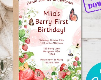 Invitación de primer cumpleaños con temática de bayas / Descarga digital / Invitación de primer cumpleaños con temática de fresas / Invitación de fiesta editable