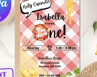 Invitación de primer cumpleaños con cannoli sagrados / Fiesta italiana / Descarga digital editable / Invitación de primer cumpleaños