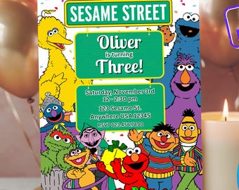 Invitación de cumpleaños de Barrio Sésamo / Descarga digital / Invitación editable para fiesta infantil / Invitación temática de Monstruo Arcoíris
