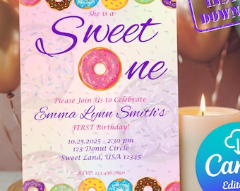 Invitación de cumpleaños con dona para un dulce/Descarga digital/Invitación colorida para fiesta de primer cumpleaños con dona/Editable e imprimible
