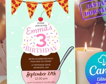 Invitación de cumpleaños de pizza y helado / Descarga digital / Invitación editable para fiesta infantil / Tema de fiesta gastronómica divertida