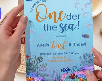 Invitación de primer cumpleaños de One-der the Sea / Tema bajo el mar / Descarga digital editable / Invitación imprimible para fiesta en el océano