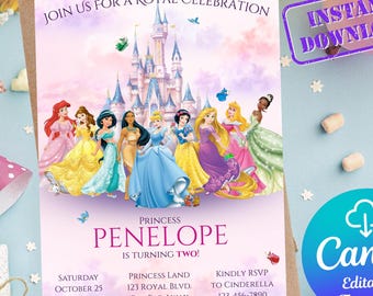 Invitación de cumpleaños de princesa de cuento de hadas / Descarga digital / Invitación editable para fiesta de baile real / Cumpleaños de castillo mágico