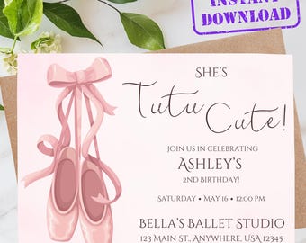 Invitación de cumpleaños linda de Tu-tu / Invitación para fiesta de bailarina / Descarga digital editable / Imprimible para cumpleaños infantil
