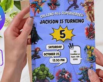 Invitación de cumpleaños de superhéroe / Descarga digital editable / Invitación para fiesta de cómics / Imprimible para cumpleaños infantil
