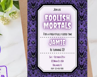 Invitación de cumpleaños de Mortales Insensatos / Inspirada en la Mansión Embrujada / Invitación editable para fiesta espeluznante / Descarga digital