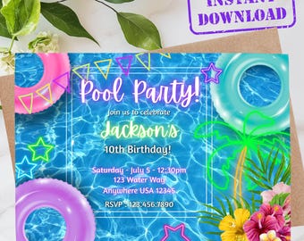 Invitación a fiesta en la piscina de neón / Cumpleaños de verano para niños / Descarga digital editable / Invitación imprimible para fiesta en la piscina