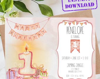 Invitación para primer cumpleaños / Invitación de cumpleaños en acuarela pastel / Descarga digital editable / Imprimible para fiesta infantil