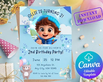 Invitación de cumpleaños azul con foto / Invitación para fiesta infantil / Descarga digital editable / Invitación de cumpleaños para niño imprimible