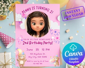 Invitación de cumpleaños rosa con foto / Invitación para fiesta infantil / Descarga digital editable / Invitación de cumpleaños para niña imprimible