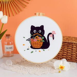 Black Cat Embroidery Hoop, Flowers, Handmade Wall Art, DIY Kit