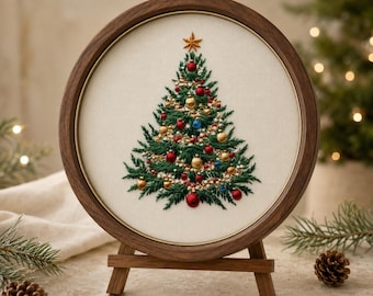 May include: A circular wooden embroidery hoop frame containing a hand-stitched Christmas tree on off-white fabric. The tree features dark green thread branches decorated with small red, gold, and blue spherical ornaments and a gold star topper.
