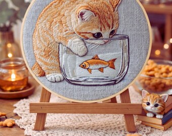 Op de afbeelding: Geborduurd kunstwerk van een oranje tabby-kitten dat in een glazen kom met een goudvis kijkt. Het kunstwerk wordt tentoongesteld op een kleine houten ezel. Een klein kattenbeeldje staat op een stapel boeken.