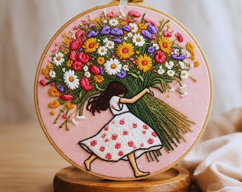 Borduurpakket meisje met bloemen – romantische Cottagecore Hoop Art DIY-set (vriendelijk voor beginners)